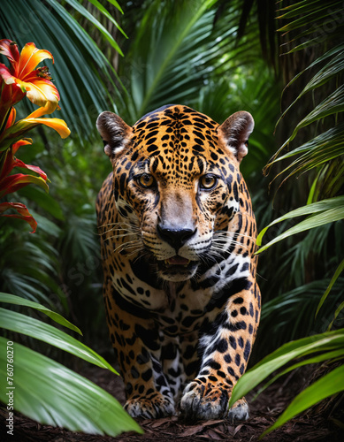 Jaguar portrait in a dark tropical forest