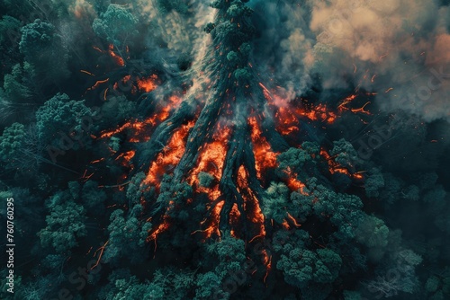 aerial view of a giant fiery tree like monster with hands that looks like branches photo