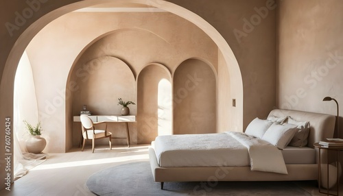 Soft morning light filters through the round arches, casting gentle shadows on the textured beige walls of the bedroom, creating a tranquil atmosphere. © Muhammad