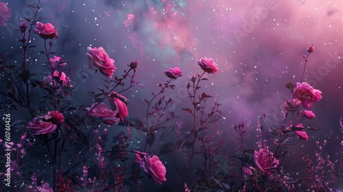 Pink flowers and foliage with a mystical overlay of a starry night sky