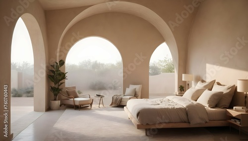 Soft morning light filters through the round arches, casting gentle shadows on the textured beige walls of the bedroom, creating a tranquil atmosphere.