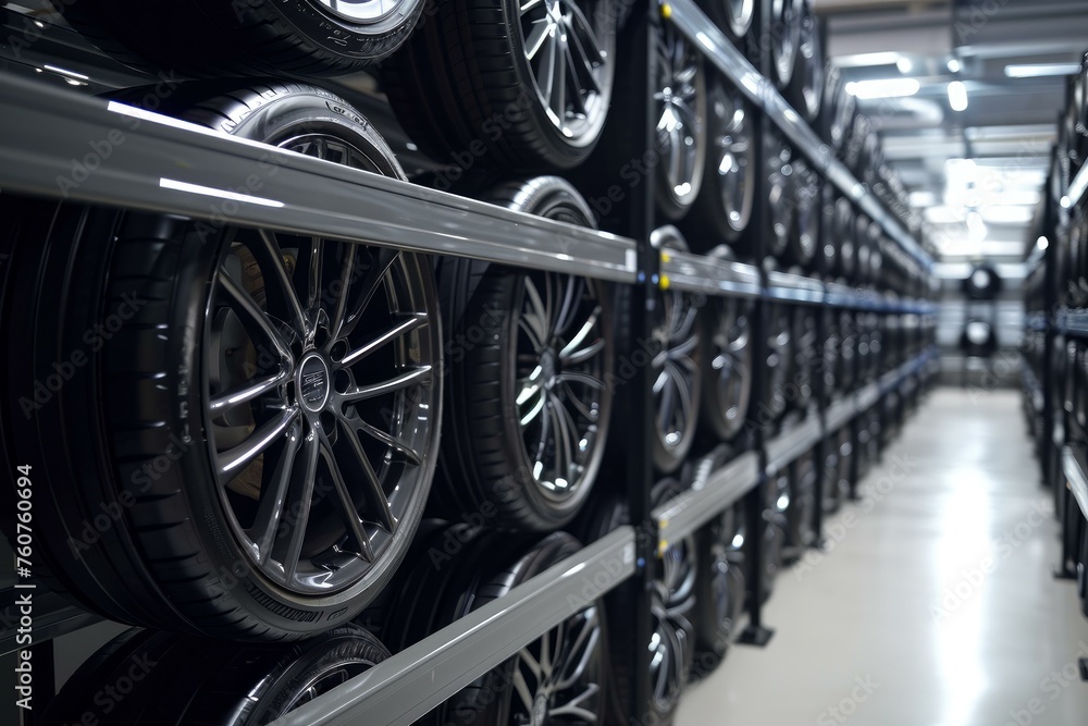 Fototapeta premium Shiny Alloy wheels automobile on service center racks. Auto replacement wheels in transport garage. Generate ai