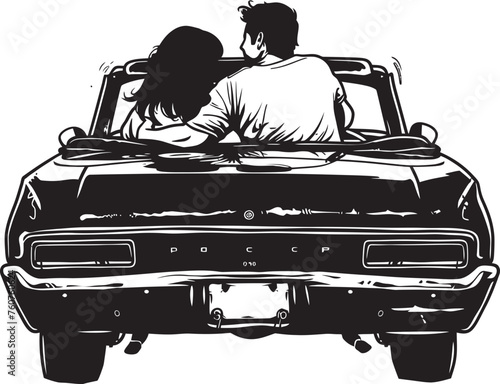 Rooftop Reverie Vector Design of Loving Couple in Convertible Car Sunset Silhouettes Iconic Emblem of Couples Back View in Convertible Car