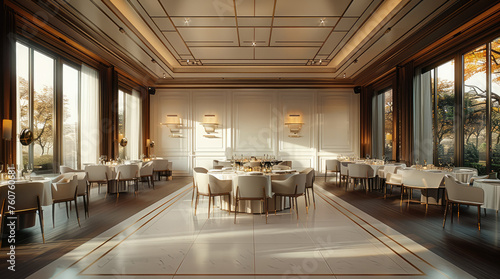 A high-end clubhouse restaurant with a large round table. Generative AI.