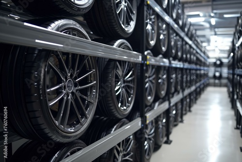 Shiny Alloy wheels automobile on service center racks. Auto replacement wheels in transport garage. Generate ai