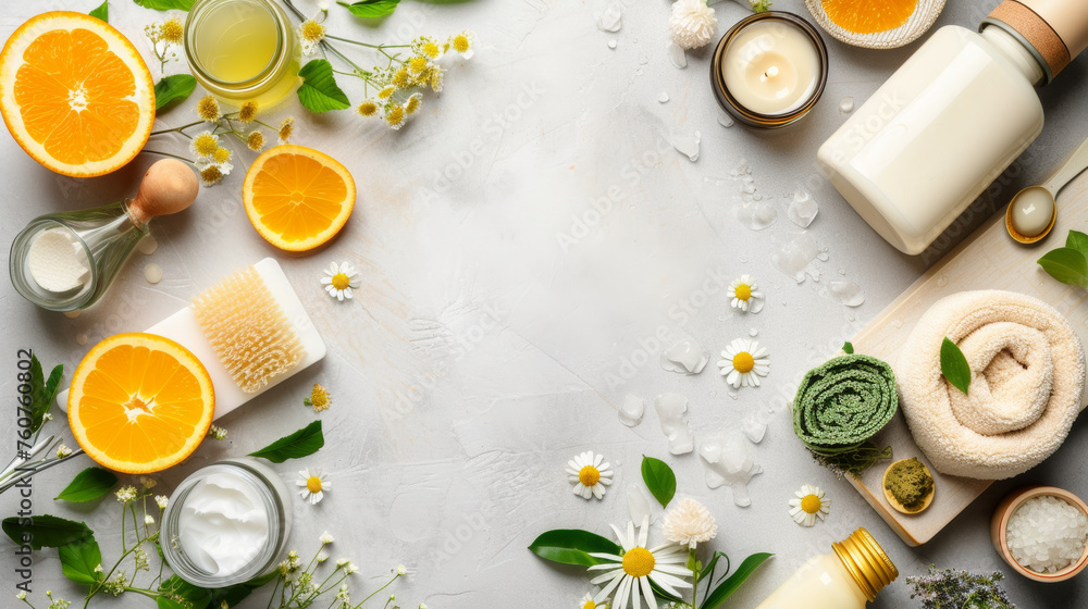 Spa body care program. Top view, mockup with space for text. Cosmetic products. Spa body care program. Top view, mockup with space for text. Cosmetic products.