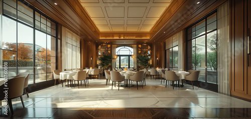 A high-end clubhouse restaurant with a large round table. Generative AI.