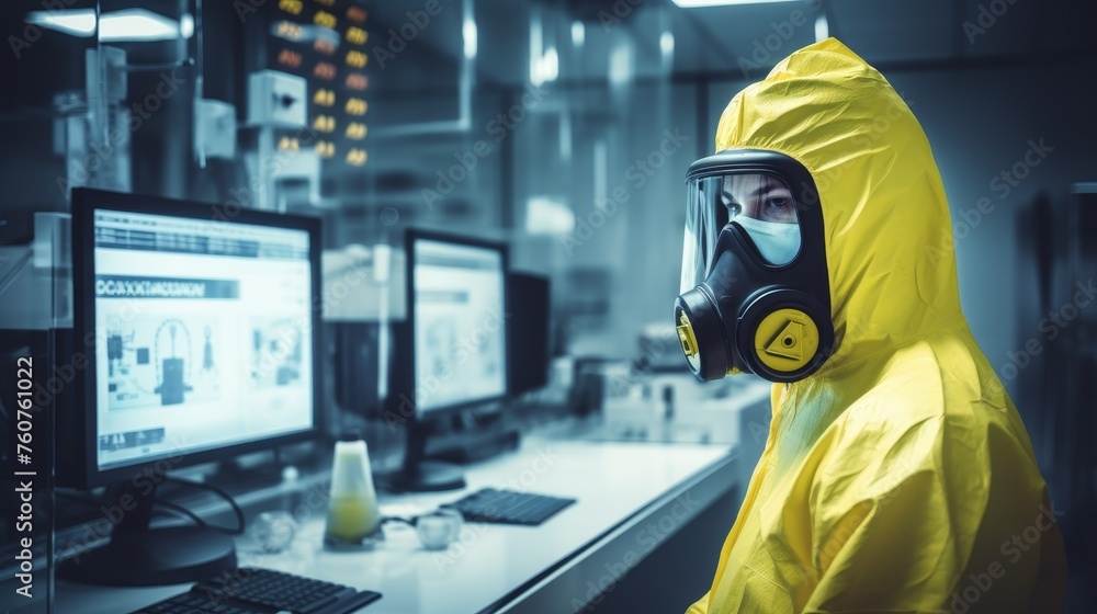 Scientist full face protection mask in control room with radiation hazard sign Scientist full face protection mask in control room with radiation hazard sign