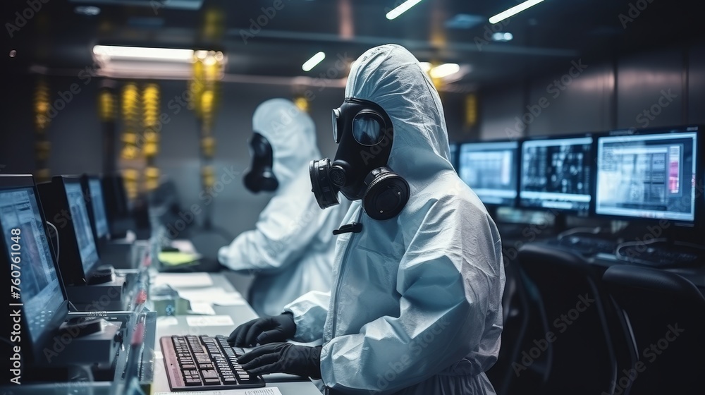 Obraz premium Scientist full face protection mask in control room with radiation hazard sign