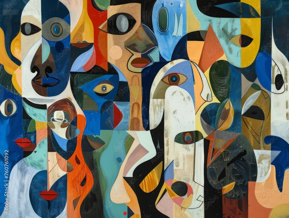 A detailed painting featuring a group of peoples faces, each with unique expressions and features