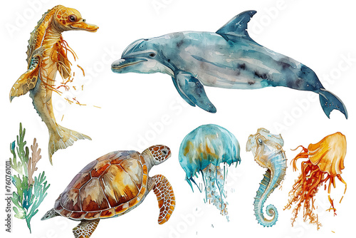 Hand drawn watercolor sea animals illustration with octopus, ocean fish, turtle, whale, jellyfish, starfish on white background