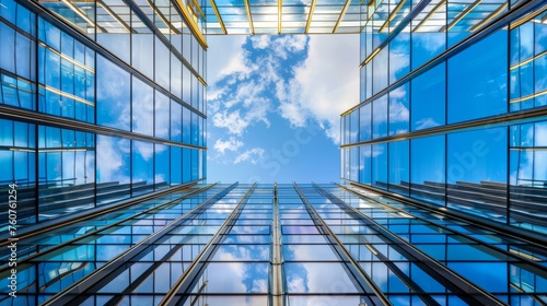 The glass Windows of modern office buildings reflect the blue sky and clouds, symbolizing the transparency of business practices.