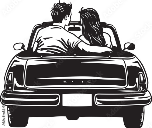 Backseat Breeze Vector Design of Couple in Convertible Car Highway Hugs Iconic Logo of Couples Back View in Convertible