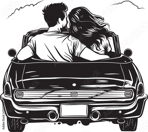 Skyline Serenade Iconic Emblem of Loving Couple in Convertible Car Backseat Breeze Vector Design of Couple in Convertible Car