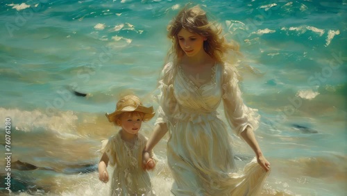 mother and her young child, dressed in vintage clothing, gently wading through the shallow sea waters photo