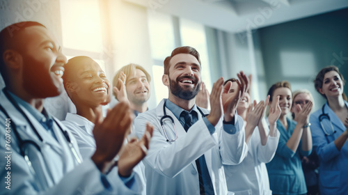 A group of healthcare professionals in lab coats clapping and smiling, seemingly celebrating or acknowledging a success or achievement.