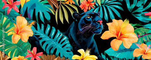 A vivid black panther lurks among lush tropical flora with bright orange and pink flowers, exuding mystery and grace in a vibrant jungle setting.