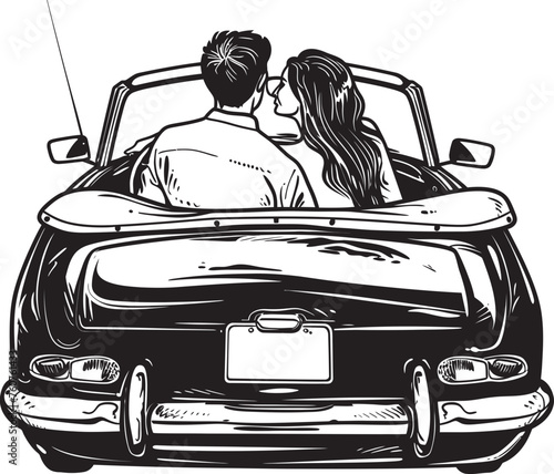 Open Air Affection Vector Logo Design of Loving Couple in Convertible Car Backseat Love Iconic Emblem of Couple in Convertible Car from Behind