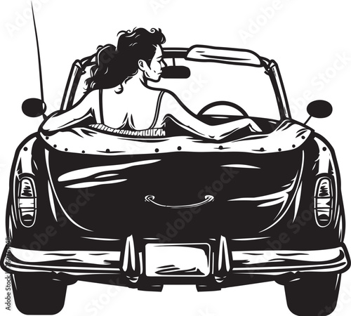 Skyline Serenade Iconic Logo of Couple in Convertible Car Backseat Breeze Vector Emblem of Loving Couple in Convertible Car