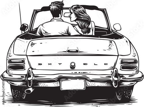 Backseat Breeze Vector Emblem of Loving Couple in Convertible Car Highway Hugs Iconic Emblem of Couples Back View in Convertible