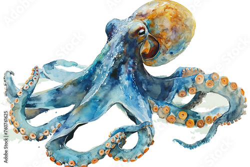 Hand drawn watercolor sea animals illustration with octopus on transparent background