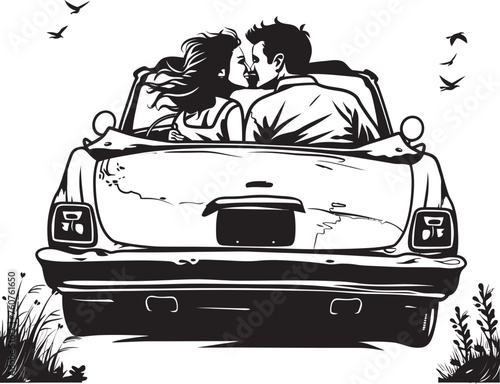 Rooftop Reverie Vector Design of Loving Couple in Convertible Car Sunset Silhouettes Iconic Emblem of Couples Back View in Convertible Car