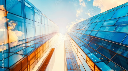 The glass Windows of modern office buildings reflect the blue sky and clouds  symbolizing the transparency of business practices.