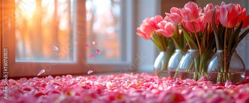 A large amount of pink tulips and white roses on the stairs in front of a modern house, with pink petals flying everywhere Large glass vases filled with flowers, and sunset light #760761831