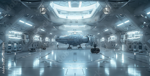 Fototapeta Naklejka Na Ścianę i Meble -  A large hangar on the space station. The hangar has two floors and houses one spaceship. Generative AI.