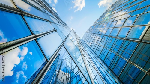 The glass Windows of modern office buildings reflect the blue sky and clouds  symbolizing the transparency of business practices.