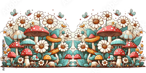 Seamless pattern with mushrooms, butterflies and flowers. Vector illustration in cartoon style, generative ai