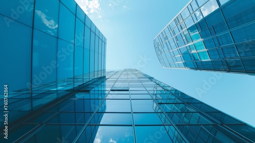 The glass Windows of modern office buildings reflect the blue sky and clouds  symbolizing the transparency of business practices.