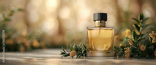 a masculine square and round shaped fragrance bottle for men, with gold trimming and accents and a gold cap, clear bottle with a black and gold label, plain background high resolution photo
