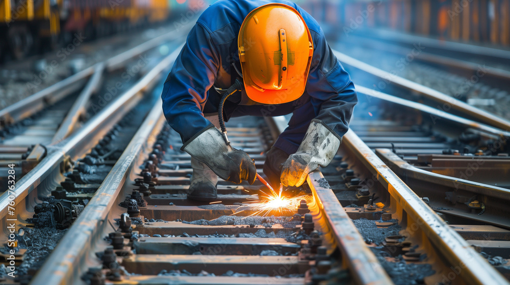 Railroad repair. Welding rails. A worker welds a steel part by hand Railroad repair. Welding rails. A worker welds a steel part by hand