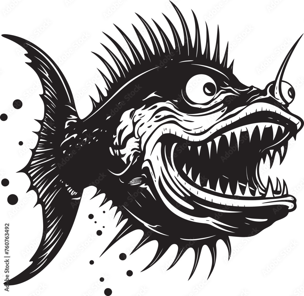 Obraz premium Malignant Mariner Angular Creature Fish Emblem with Vicious Touch Diabolic Dive Evil Angler Fish Vector Logo