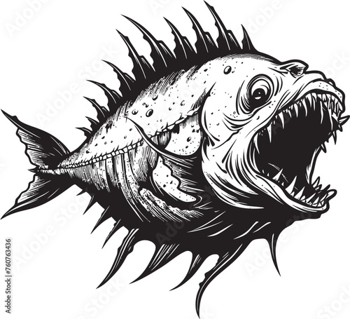 Fiendish Fins Angular Creature Fish Emblem with Diabolic Design Venomous Voyage Evil Angler Fish Vector Symbolism © BABBAN