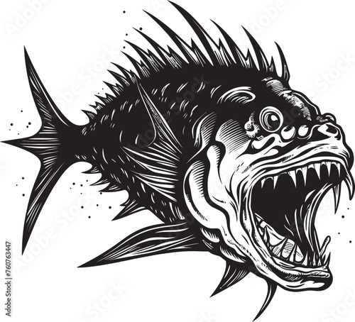 Sinister Swim Angular Creature Fish Logo with Evil Gaze Maleficent Marauder Evil Angler Fish Vector Emblem