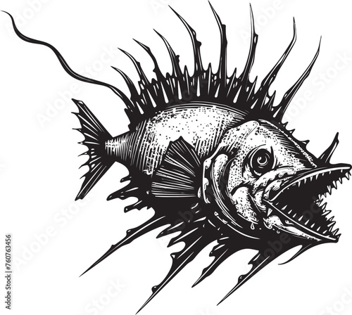 Vile Vortex Angular Creature Fish Emblem with Sinister Twist Sinuous Serpent Evil Angler Fish in Vector Logo
