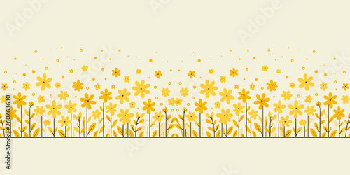 Seamless border with yellow flowers and leaves, spring blossom decoration, Vector illustration, generative ai
