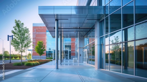 Modern Hospital Architecture, facade of a contemporary hospital building with sleek glass and metal features in the warm light of dawn