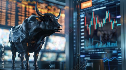 Bull Market Trading Floor, Sculpture of a bullish stance in the midst of rising candlestick charts on a trading floor's monitors, symbolizing financial growth