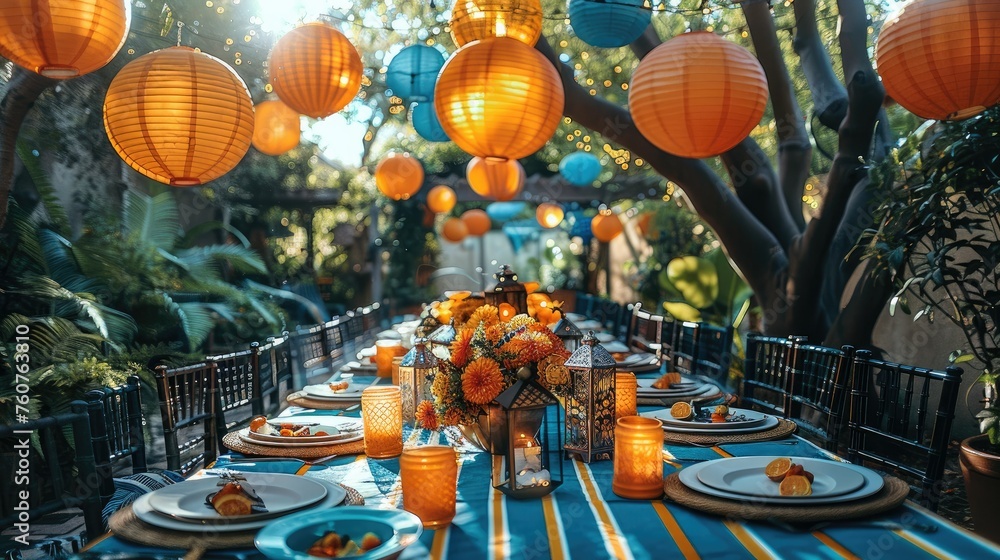 A brightly colored outdoor table with lanterns, decorations and party plates. Generative AI.