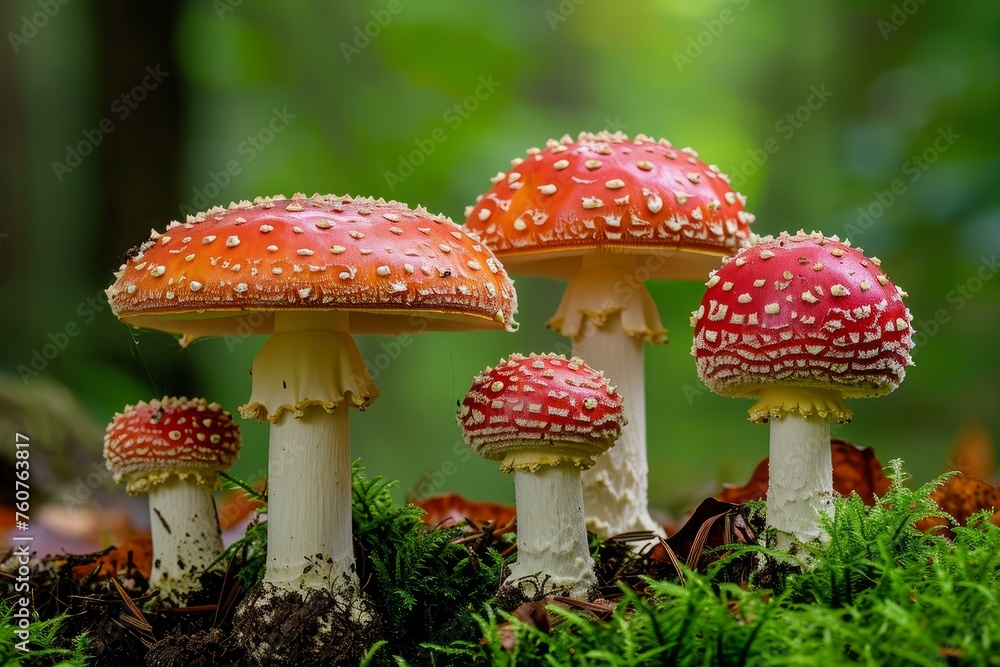 Obraz premium Vibrant Amanita muscaria mushroom. Macro season color. Generate Ai