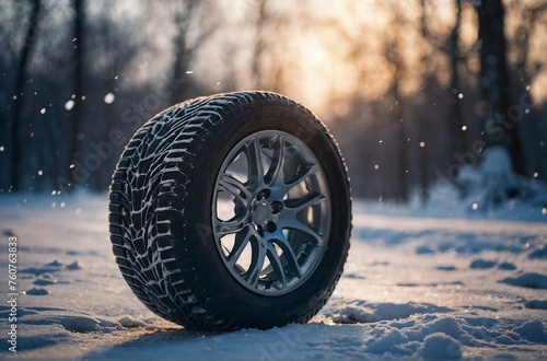 Closeup view of the cars wheel on the snowy road. © руслан малыш