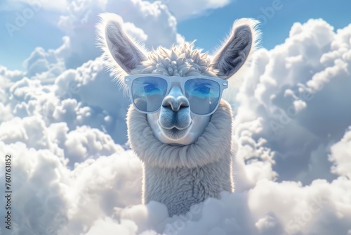 A llama stands in the clouds wearing sunglasses