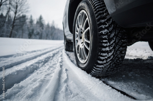 Closeup view of the cars wheel on the snowy road. © руслан малыш