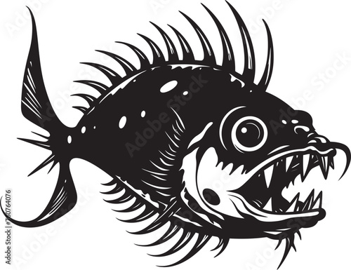 Fiendish Fins Evil Angular Creature Fish Vector Logo Malignant Mariner Sinister Angular Fish Emblem © BABBAN