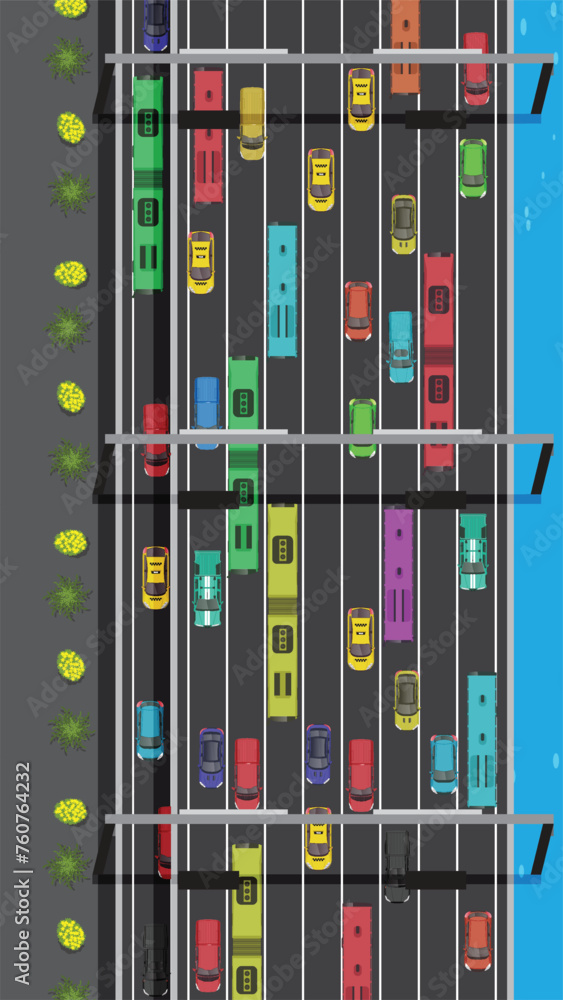 top view of Traffic Jam car vehicle on multiple lane highway, view from above top view of Traffic Jam car vehicle on multiple lane highway, view from above