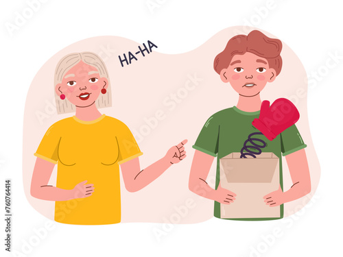 April fools day illustration vector. Girl pranks the boy with a box with a surprise, boy in state of fright.