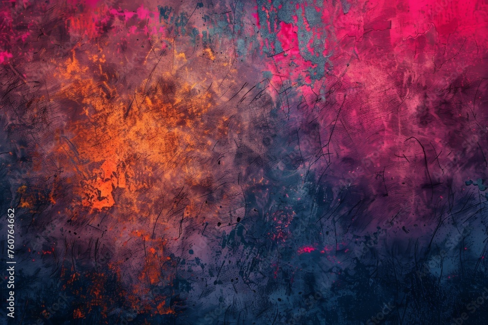 Grunge Background Texture in the Colors Electric Blue, Neon Orange and Hot Pink created with Generative AI Technology - obrazy, fototapety, plakaty 